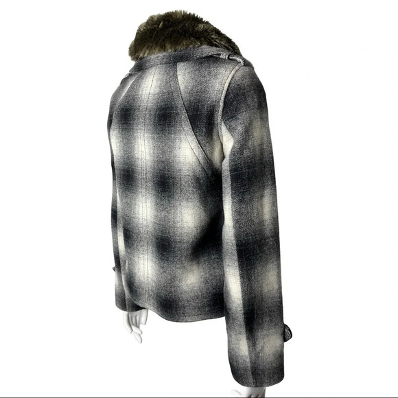 Eddie Bauer Pea Coat Wool Blend Plaid Coat Removable Faux Fur Collar  Size XS - Picture 9 of 10